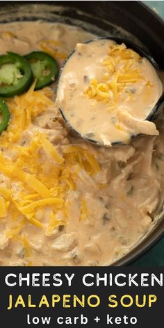 This Cheesy Jalapeno Chicken Soup has all the flavor of a jalapeno popper but in a creamy, hearty soup! Enjoy a serving of this keto-friendly soup for about 6 net carbs! Cheesy Jalapeno Chicken, Jalapeño Soup, Chicken Soup Crockpot, Keto Chicken Soup, Easy Chicken Soup, Jalapeno Chicken, Jalapeno Popper