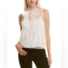 Amanda Uprichard Imelda Blouse With A Trendy Oversized Tie At The Neck. Dress This Top Up With A Skirt Or Keep It More Casual With A Pair Of Jeans. Sleeveless Blouse 100% Silk Detachable Cami Included Tie At Neck Dry Clean Only Questions? Leave A Comment Below! Sheer Silk Tops, Designer Silk Sleeveless Tops, Designer Sleeveless Silk Top, Amanda Uprichard, Silk Top, Sleeveless Blouse, Neck Dress, Camisole Top, Sleeveless Top