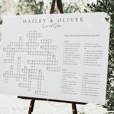 a crossword sign is displayed on a easel