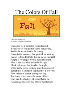 the colors of fall poem with an orange tree and yellow sky in the back ground