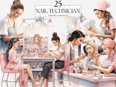 a group of women sitting around a table working on nail polishes and manicures