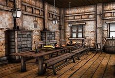 an old room with wooden tables and benches