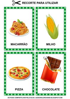 four cards with pictures of food and words describing the different foods in each one card