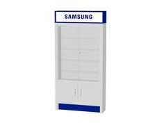 a white and blue samsung kiosk with the words samsung on it