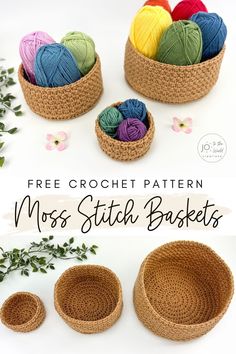 crochet baskets with yarn in them and text overlay that says free crochet pattern moss stitch baskets