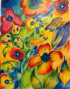 a drawing of colorful flowers in a vase