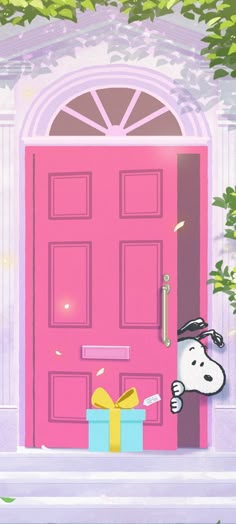 a pink door with a cartoon dog holding a gift box in front of it,