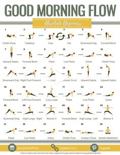 the morning yoga workout routine for beginners is shown in green and white with an image of