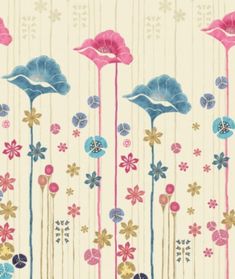 an image of flowers and plants on a wallpapered background in pink, blue, yellow and white