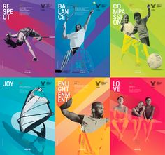 four different posters with people holding tennis racquets and ball in the air