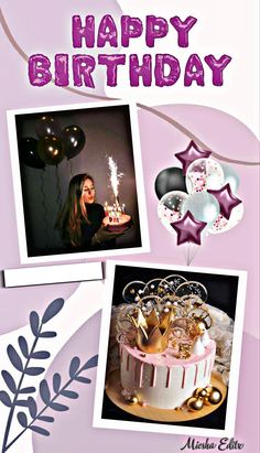 a birthday card with two photos of a woman holding a cake and balloons in the air