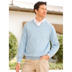 The Classic V-Neck Pullover is a wardrobe staple piece for any well-dressed man. Wear this pullover by itself, or over a button up shirt. Alashan's V-neck is soft to the touch, made from 100% cashmere. 100% Super Fine Inner Mongolian Cashmere in 2ply 12gg yarn Classic Fit Double Rib Cuff and Body Trim Model is 6'2" wearing size Large Well Dressed Man, Men's V Neck Sweaters, Man Wear, Blue Cashmere Sweater, Button Outfit, Men's Sweaters, Staple Wardrobe Pieces, Well Dressed Men, Sweaters And Leggings