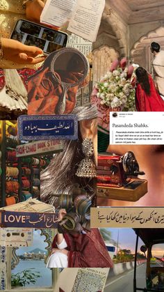 the collage shows many different pictures and words in arabic, including an image of a woman's face