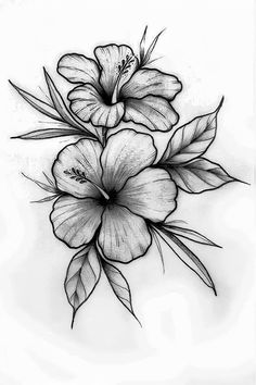 a black and white drawing of two flowers