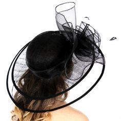 Sinamay Dress Hat Brim 5.5" X Crown Height 4.5" X Crown Diameter 7.5" 100% Sinamay Straw Black Curved Brim Hat For Church, Black Fitted Chic Fascinator, Fitted Black Chic Fascinator, Chic Black Fitted Fascinator, Black Brimmed Hats For Church, Black Brimmed Church Hat, Chic Black Fascinator For Races, Formal Black Boater Hat With Curved Brim, Fitted Black Top Hat For Church