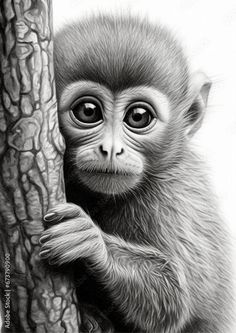 a black and white drawing of a monkey holding on to a tree branch with its eyes wide open