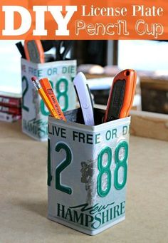 this is a diy license plate pencil cup