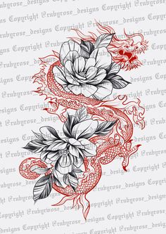 a dragon and flower tattoo design on white paper, with red ink in the background