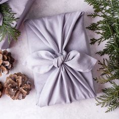 a present wrapped in gray paper with pine cones