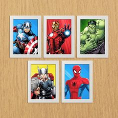 four different pictures of the avengers and spider - man characters on a wooden surface, with one