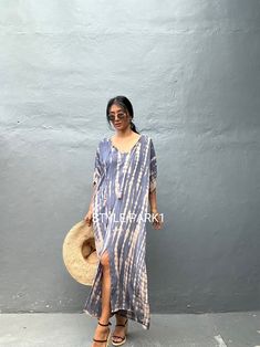 Bohemian V-neck Maxi Dress With Side Slits, V-neck Maxi Dress With Side Slits For Beach, Bohemian V-neck Dress With Side Slits, V-neck Beachwear Dress With Back Tassel Tie-up, Summer Maxi Kaftan With Back Tassel Tie-up, Summer Kaftan With Back Tassel Tie-up Maxi Length, Bohemian Beach Dresses With Side Slits, Maxi Length Kaftan With Side Slits, Casual V-neck Kaftan For Beach Cover-up