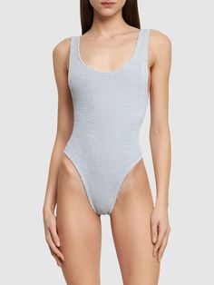 Fixed shoulder straps. Low cut back. One size only. Model is wearing a size01 Beach Bodysuit With Scoop Back And Lined Body, Summer Fitted Bodysuit With Ruched Back, Beachwear Bodysuit With Scoop Back For Pool, Summer Pool Bodysuit With Scoop Back, Seamless Beach Bodysuit, Summer Bodysuit With Scoop Back For Pool, Fitted Scoop Back Bodysuit For The Beach, Seamless Scoop Back Bodysuit For The Beach, Backless Seamless Swimwear For Summer