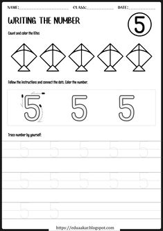 the number five worksheet for numbers 5 and 6, with an arrow on it