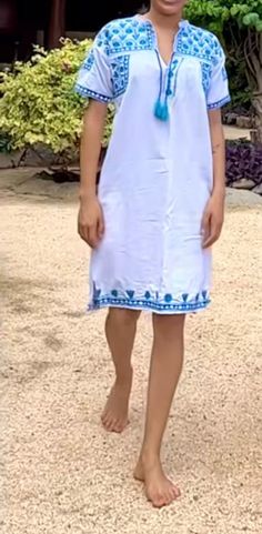 This beatiful Mexican huipil (Mexican kaftan, or tunic) is made by Oaxaca. The huipil is decorated by hand colorful embroidered designs and, 1.5 months of work, each piece is unique. This unique huipil dress gives you an espectacular boho style cool and light to wear. Color: white  organic  cotton with blue embroidered designs  Available in Small Medium Large  XL Other designs here ⬇️  https://www.etsy.com/mx/listing/1337514841/ https://www.etsy.com/mx/listing/1255203719/ https://www.etsy.com/mx/listing/1152461562/ ℹ️Garment care: ⭕️Hand wash with cold water - without vigorous shaking or scrubbing - and neutral soap (if the soap is liquid, it must first be diluted in water so as not to add it directly to the fiber). ❌Do not use spinning. ❌Do not use fabric softener or chlorine bleach. ⭕️Dr Huipil Pattern, Mexican Huipil, Mexican Boho, Embroidered Design, Boho Fashion, Organic Cotton, Dress Outfits, Bathing Beauties, Womens Dresses