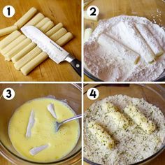 four pictures showing the steps to make an appetizer with cheese and breadcrumbs