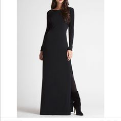 C1102) There Are Definitely Two Sides To This Dramatic Dress Story. Round Neckline. Long Sleeves. Cowl Back. Floor-Length Hemline. Self: Polyester, Spandex Jersey. Machine Wash. Imported. Measures Approximately 59.5“ From Shoulder To Hem. Floor-Length Hemline. Slight Stretch. Fits True To Size. Flattering Black Maxi Dress For Evenings, Chic Long Sleeve Maxi Dress With Flattering Silhouette, Sleek Black Maxi Dress With Flattering Silhouette, Black Ribbed Maxi Dress, Elegant Black Ribbed Maxi Dress, Black Midi Dress With Long Sleeves, Non-stretch, Black Non-stretch Maxi Dress, Black Ribbed Long Sleeve Maxi Dress, Dramatic Dresses