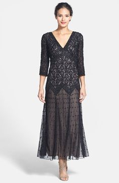 Free shipping and returns on Pisarro Nights Beaded Mesh Drop Waist Dress (Regular & Petite) at Nordstrom.com. Ornate floral beadwork covers the long mesh overlay of a double V-neck gown fashioned with a zigzag design at the dropped waistline. 1920s Formal Dresses, Beaded Mesh Dress, Pisarro Nights, Great Gatsby Dresses, 1920s Flapper Dress, Drop Waist Dress, Mob Dresses, Formal Dresses For Women, Dropwaist Dress