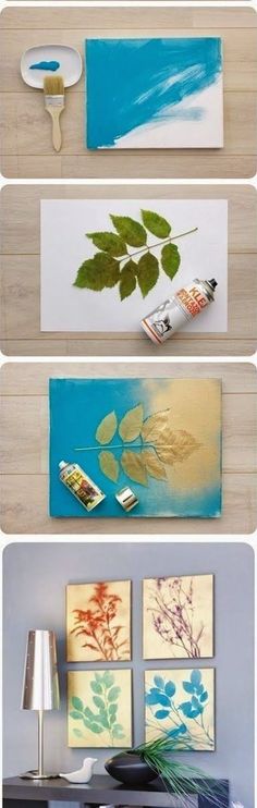 four different pictures with leaves on them and one has a lamp in front of it