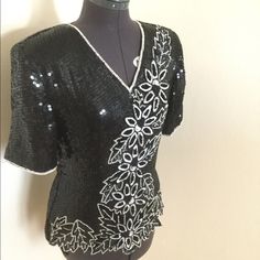 Stenay Vintage Beaded + Sequin Silk Fitted Floral Top, Sz M, Colors: Black, White, Measures Approximately 19 In Pit To Pit And 24 In From Shoulder To Hemline. Features Hidden Back Zipper And Uneven Beaded Hemline. Nwt! Give New Life To Your Distressed Denim With This Top... Pair With Heels Or High Tops! Spring Formal Beaded Tops, Elegant Fitted Beaded Blouse, Elegant Beaded Blouse For Formal Occasions, Elegant Formal Blouse With Beaded Details, Fitted Beaded V-neck Blouse, Vintage Beaded Tops For Night Out, Vintage Beaded Top For Night Out, Fitted Vintage Blouse With Sequins, Vintage Beaded Evening Tops