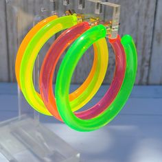 "80's Retro Neon Translucent Tube Lucite Hoop Earrings 2\" Diameter 5mm Width/Thickness Butterfly Close" Cheap Retro Plastic Jewelry, Vintage Summer Hoop Earrings, Retro Hoop Earrings For Parties, Neon Jewelry, Resin Hoop Earrings, Rave Style, 80s Neon, Retro Neon, 1980's Fashion