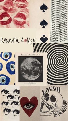 collage of various images with the words romantic love written on them and an eye