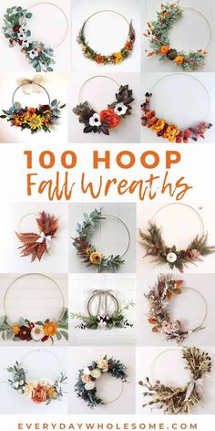 a collage of different wreaths with the words, 100 hoop fall wreaths