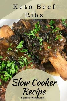 slow cooker recipe for keto beef ribs on a white plate with parsley