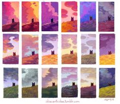 nine different colored images of clouds in the sky and on top of a hill, each with