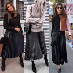 Black Pleated Midi Skirt Outfit, Long Pleated Skirt Outfit, Skirt Outfits Dressy, Pleated Maxi Skirt Outfit, Brown Skirt Outfit, Midi Skirt Outfit Winter, Skirt Outfit Fall