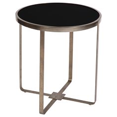 a round metal table with black glass top and silver frame, on an isolated white background