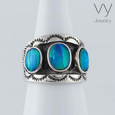 Impressive Handmade Three Blue Opals Women Ring, made of 925 Sterling Silver. FREE SHIPPING / 100% MONEY - BACK GUARANTEE. Online VY Jewelry Shop. Formal Blue Opal Rings, Fusion Style Oval Blue Jewelry, Blue Multi-stone Opal Ring Fine Jewelry, Unique Blue Multi-stone Opal Ring, Blue Fusion Style Round Rings, Blue Multi-stone Opal Ring In Fine Jewelry Style, Elegant Blue Opal Ring Stamped 925, Fine Blue Opal Multi-stone Ring, Blue Sterling Silver Polished Opal Ring