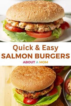 two pictures with the words quick and easy salmon burgers about a mom on it