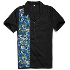 Bowling Shirt Pattern, Cheap Men's Skull Print Shirt, 50s Bowling Shirt, Party Shirts Men, Retro Bowling Shirts, Tropical Print Shirt, Rockabilly Shirts, Men’s Bowling Shirt, Blue Skull