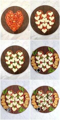 four different pictures of food arranged in the shape of a heart on a wooden platter