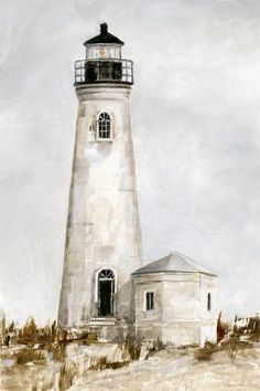 a painting of a light house on the beach with sand dunes in front of it