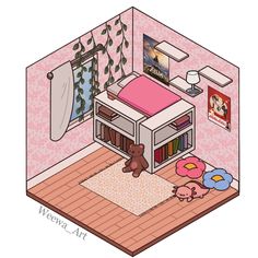 a small room with a bed, bookshelf and teddy bear on the floor