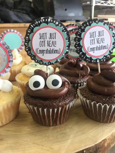 some cupcakes with chocolate frosting and googly eyes