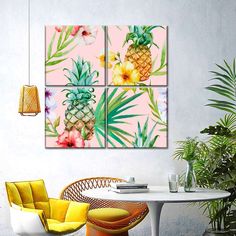 three pineapples and flowers on a pink background are featured in this tropical scene