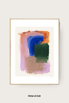 an abstract painting with blue, orange and green colors on white paper in a wooden frame