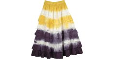 Yellow Gray White Tiered Skirt for WomenNew layered design in tie dye. Casual, comfortable, yet designer in its own right. This skirt embraces an effortless chic look with its five layers of frill. Multi-tiered ruffles add volume to this beautiful cotton skirt. Does not need lining because the tiers overlap each other. The fabric is dyed to give a cool look (look at the detailed picture).As the summers set in the demand for anything cotton, anything easy on the eye and the skin and anything mana Casual Tie Dye Flowy Skirt, Casual Long Tie-dye Skirt, Casual Tie-dye Beach Skirt, Casual Tie Dye Beach Skirt, Casual Tie Dye Skirt For The Beach, Tie Dye Tiered Skirt For Summer, Spring Tie-dye Tiered Skirt, White Tiered Skirt, Bridesmaids Outfits